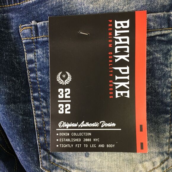 NWT BLACK PIKE LEGEND Embroidered Distressed Biker Stretch Slim Denim Jean 32X32 - Picture 12 of 15
